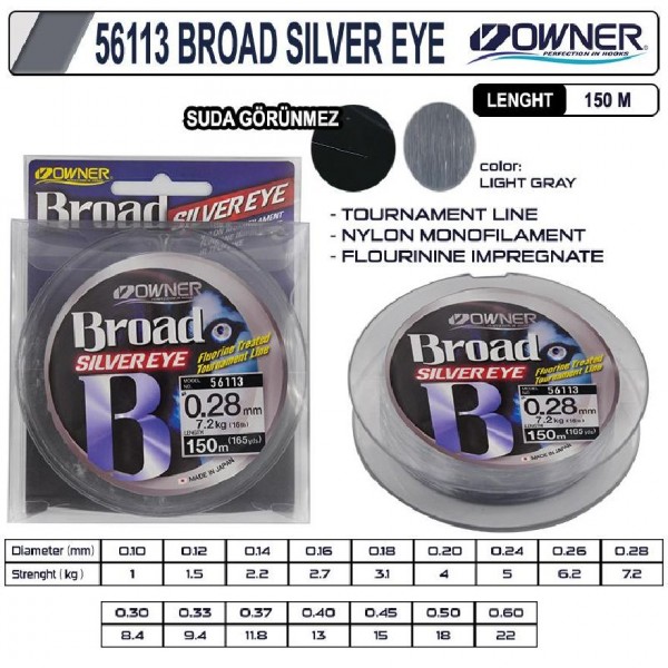 Süper Kalite Japon Misina Owner Broad Silver Eye 150M Light Grey 0,12Mm